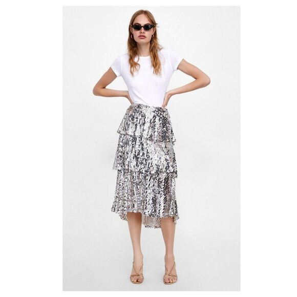 Zara Dresses & Skirts - ZARA High Waisted Silver Sequin Ruffle Skirt
